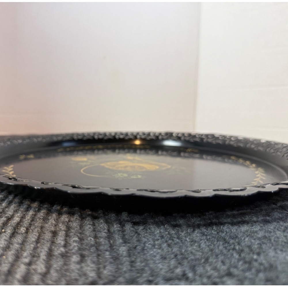 Vintage 1959 Toleware Hand Painted Yellow Rose Black Metal Pierced Gallery Tray - Picture 5 of 5